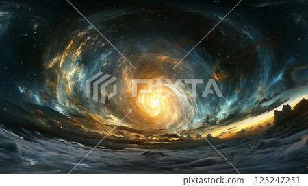 A swirling vortex of nebulae and stars dominates the sky, with swirling clouds below, creating a cosmic panorama full of energy and awe. A swirling vortex of nebulae and stars dominates the sky, with swirling clouds below, creating a cosmic panorama full of energy and awe. 123247251