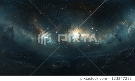 Vibrant cosmic panorama showcasing a vast, swirling galaxy and distant stars against a dark, cloudy backdrop in a stunning display of celestial beauty. 123247252