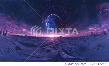 A celestial sphere hovers over an alien landscape, bathed in the ethereal glow of a distant sun and vibrant purple skies. 123247253