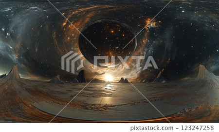 Otherworldly Landscape: A large celestial orb hangs above a barren world, silhouetted against a distant sun, creating a surreal vista. 123247258