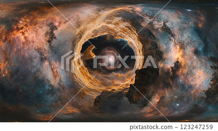 Cosmic Portal: Explore a mesmerizing journey through a swirling nebula, where stars and cosmic dust create a breathtaking tunnel of light. 123247259