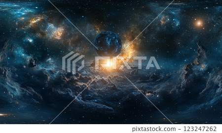 Majestic space panorama reveals a vibrant nebula with celestial dust and a distant planet, painting a breathtaking cosmic scene. 123247262