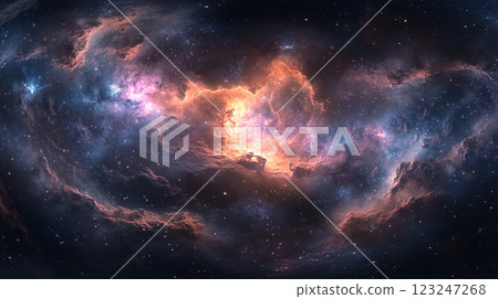 A stunning nebula in deep space, showcasing vibrant blues, pinks, and oranges against a dark backdrop of distant stars. Vast and captivating. A stunning nebula in deep space, showcasing vibrant blues, pinks, and oranges against a dark backdrop of distant stars. Vast and captivating. 123247268