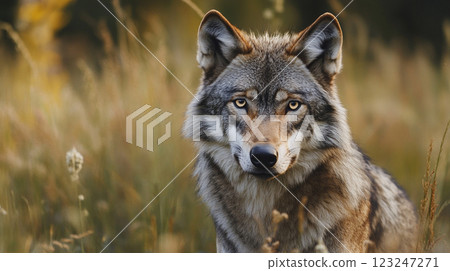 Captivating close-up of a majestic wolf, its intense gaze and detailed fur showcased against a serene natural backdrop. 123247271