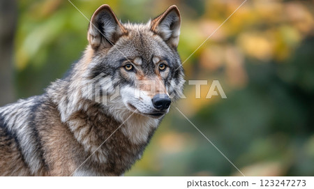 A stunning close-up captures the intense gaze and textured fur of a majestic wolf against an autumnal, bokeh-filled forest backdrop. A stunning close-up captures the intense gaze and textured fur of a majestic wolf against an autumnal, bokeh-filled forest backdrop. 123247273