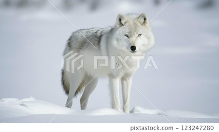Arctic Wolf in Winter: A magnificent white wolf stands gracefully amidst a snowy landscape, a creature of resilience and beauty. 123247280