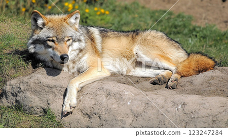 Resting Wild Canine: A coyote lounges serenely on a rock, its fur a blend of grays, tans, and browns, set against a backdrop of green grass. Resting Wild Canine: A coyote lounges serenely on a rock, its fur a blend of grays, tans, and browns, set against a backdrop of green grass. 123247284