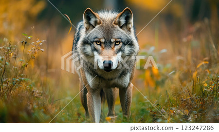 Wolf Portrait: Majestic animal stands in a field of tall grass, its intense gaze capturing the wild essence. 123247286
