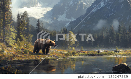 Brown bear by a calm lake, nestled within a forest and framed by snow-capped mountains. A serene wildlife landscape. 123247289