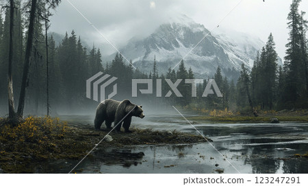 Grizzly Bear in Mountain Landscape: Majestic wildlife in a serene, misty forest setting with snow-capped peaks in the background. 123247291
