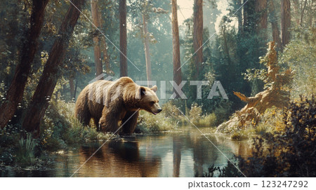 A majestic bear standing in a serene forest stream, sunlight filters through the tall trees enhancing the calm natural landscape. A majestic bear standing in a serene forest stream, sunlight filters through the tall trees enhancing the calm natural landscape. 123247292