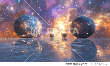 Celestial Spheres: Reflections of cosmic worlds mirrored on a reflective surface under a star-filled sky. Abstract celestial vista. Celestial Spheres: Reflections of cosmic worlds mirrored on a reflective surface under a star-filled sky. Abstract celestial vista. 123247307