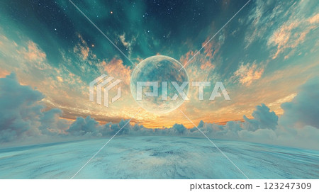 Surreal celestial landscape with a vibrant planet-like sphere, layered clouds, and pastel sky merging with a tranquil surface. Surreal celestial landscape with a vibrant planet-like sphere, layered clouds, and pastel sky merging with a tranquil surface. 123247309