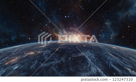 A distant planet is seen from afar with clouds and atmospheric activity against a vibrant background of glowing stars and galaxies. A distant planet is seen from afar with clouds and atmospheric activity against a vibrant background of glowing stars and galaxies. 123247310