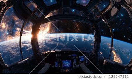 View from a spaceship cockpit. Earth and the cosmos are seen through the glass. Futuristic dashboard in the foreground. View from a spaceship cockpit. Earth and the cosmos are seen through the glass. Futuristic dashboard in the foreground. 123247311