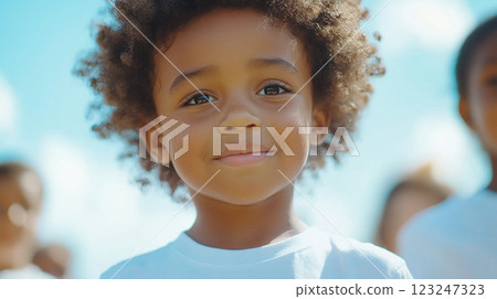 Portrait of a young, happy child with curly hair against a bright sky, radiating joy and innocence. Smiling and looking at the camera. Portrait of a young, happy child with curly hair against a bright sky, radiating joy and innocence. Smiling and looking at the camera. 123247323