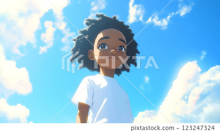 Young character stands beneath the wide blue sky. Clouds dotting above, cartoon style. Looking up with a bright outlook on the future. 123247324
