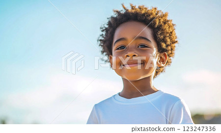 Smiling Young Boy: A portrait of pure joy, framed against a bright sky, capturing childhood innocence and warmth. 123247336