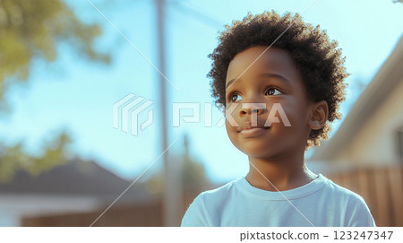 A young boy gazes upwards with a serene expression, his curly hair catching the light against a backdrop of blue sky and blurred surroundings. A young boy gazes upwards with a serene expression, his curly hair catching the light against a backdrop of blue sky and blurred surroundings. 123247347