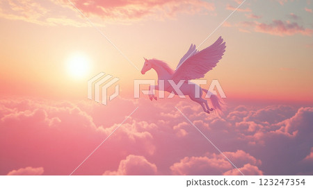 Magical winged horse soars over pink clouds in a breathtaking sunrise. Dreamlike and ethereal, it evokes fantasy and wonder. Magical winged horse soars over pink clouds in a breathtaking sunrise. Dreamlike and ethereal, it evokes fantasy and wonder. 123247354