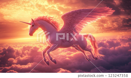 A majestic winged unicorn soars through a dreamy cloudscape at sunset, bathed in golden light, showcasing its ethereal grace and beauty. A majestic winged unicorn soars through a dreamy cloudscape at sunset, bathed in golden light, showcasing its ethereal grace and beauty. 123247358