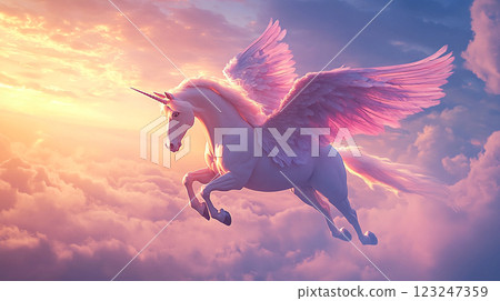 A majestic winged unicorn soars through a vibrant sunset sky, its form radiant against the colorful clouds in this ethereal and inspiring scene. 123247359