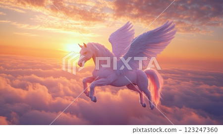A majestic winged horse soars gracefully above a sea of soft clouds, bathed in the warm hues of a breathtaking sunset. Ethereal beauty. 123247360