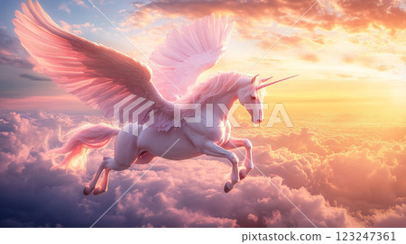 A graceful, winged unicorn soars through the sky, a symbol of hope and magic, illuminated by a warm, glowing sunset on the horizon. 123247361