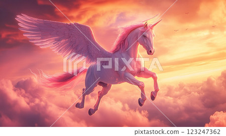 Majestic winged unicorn soars through a dreamy sky filled with soft, pink-hued clouds, glowing with a warm, ethereal light. 123247362
