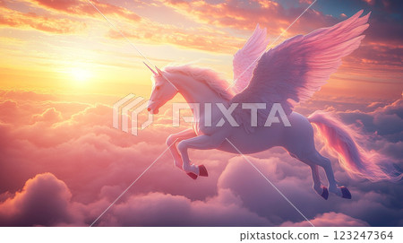 Majestic Pegasus soars through the clouds at sunset, its wings glowing, a symbol of freedom and fantasy under a warm colorful sky. 123247364