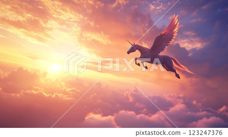 Majestic winged unicorn soaring through a vibrant sunset sky, symbolizing dreams and imagination come alive in a fantasy realm. 123247376