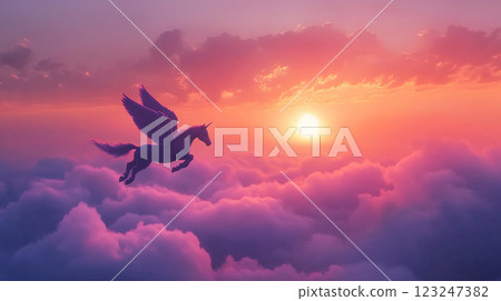 Majestic winged unicorn soars amidst a vibrant sunset, clouds, and skies. Magical realism blends with fantasy for an inspiring dreamy escape. 123247382