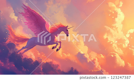 Majestic unicorn soaring through a vibrant sky filled with clouds. The ethereal scene evokes a sense of wonder and fantasy. Majestic unicorn soaring through a vibrant sky filled with clouds. The ethereal scene evokes a sense of wonder and fantasy. 123247387