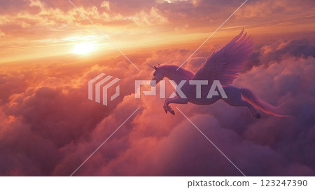 A majestic winged unicorn soars through clouds at sunset, symbolizing dreams and fantasy in a beautiful celestial realm. 123247390