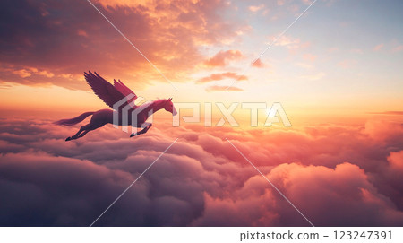 A majestic winged horse soars gracefully above a sea of clouds, illuminated by the warm glow of the setting sun. Fantastic and serene. 123247391