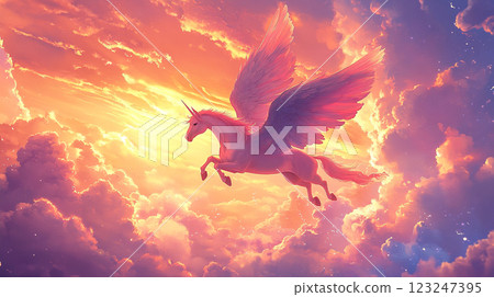 A winged unicorn soars through a vibrant sky filled with colorful clouds, its wings catching the light as it flies towards the horizon. 123247395