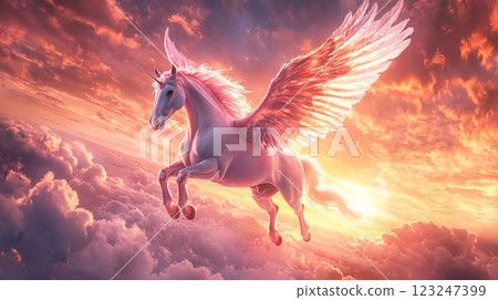 Majestic winged unicorn soaring through a vibrant sky filled with fluffy clouds bathed in a warm, ethereal light. Fantasy realized. Majestic winged unicorn soaring through a vibrant sky filled with fluffy clouds bathed in a warm, ethereal light. Fantasy realized. 123247399