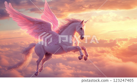 Pegasus soaring high above cotton candy clouds. Majestic white creature with stunning pink wings, bathed in the glow of a beautiful sunset. 123247405