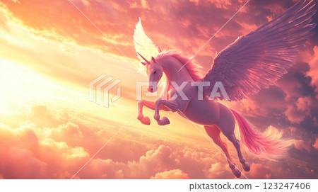 A majestic winged unicorn soars through a vibrant sky, casting a dreamy spell. A fantasy creature in flight. 123247406