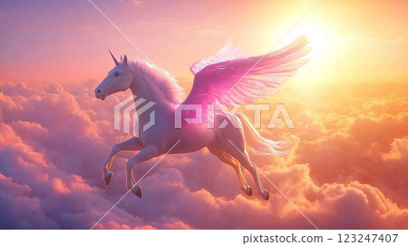 A majestic winged unicorn soars through a vibrant sunset sky filled with fluffy clouds, bathed in radiant golden light. 123247407
