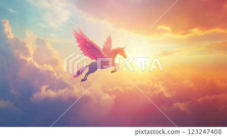 Winged unicorn soaring through a dreamy sky, bathed in the warm glow of a setting sun and fluffy clouds. Magic and fantasy intertwined. 123247408