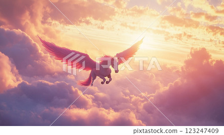 Majestic winged horse soars through the radiant, cloud-filled sky at dusk, creating a serene and ethereal atmosphere. Majestic winged horse soars through the radiant, cloud-filled sky at dusk, creating a serene and ethereal atmosphere. 123247409