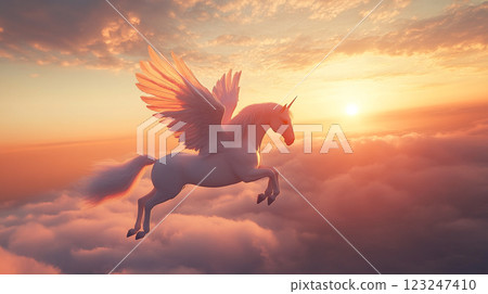 Majestic Pegasus soars gracefully above the clouds bathed in a warm glow of the setting sun, embodying freedom and serenity. 123247410