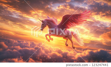 Majestic winged unicorn soars above vibrant sunset clouds, bathed in warm light, creating an ethereal fantasy scene. Majestic winged unicorn soars above vibrant sunset clouds, bathed in warm light, creating an ethereal fantasy scene. 123247441