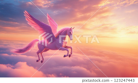 A majestic, rosy-hued pegasus soars gracefully above a sea of fluffy clouds at sunset. The winged horse embodies freedom and fantasy. 123247443