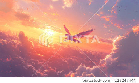 Soaring Pegasus Through Sunset Skies: Majestic winged horse flies high amid vibrant clouds, bathed in the warm glow of the setting sun. 123247444