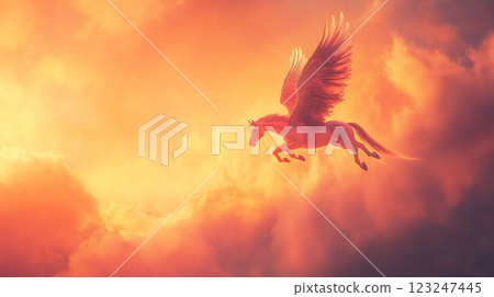 Winged horse soars through a fiery sky, bathed in golden light. Majestic flight above the clouds. Mythical and inspirational. 123247445