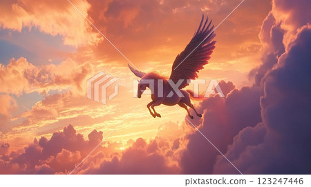 A majestic pegasus soars gracefully amidst vibrant sunset hues and billowing clouds, an ethereal display of fantasy and beauty. A majestic pegasus soars gracefully amidst vibrant sunset hues and billowing clouds, an ethereal display of fantasy and beauty. 123247446