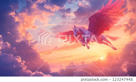 Ethereal Flight: A majestic winged horse soars amidst pastel clouds, bathed in the warm glow of a picturesque sunset. Magical scene. 123247448