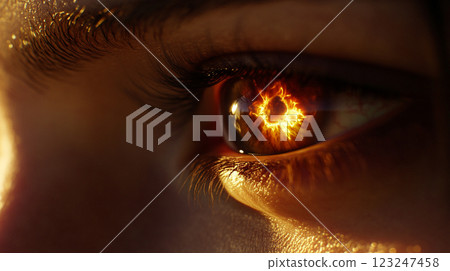 A captivating eye reflects an intense, fiery core, creating a mesmerizing and powerful image. The detail shows strength and beauty. 123247458